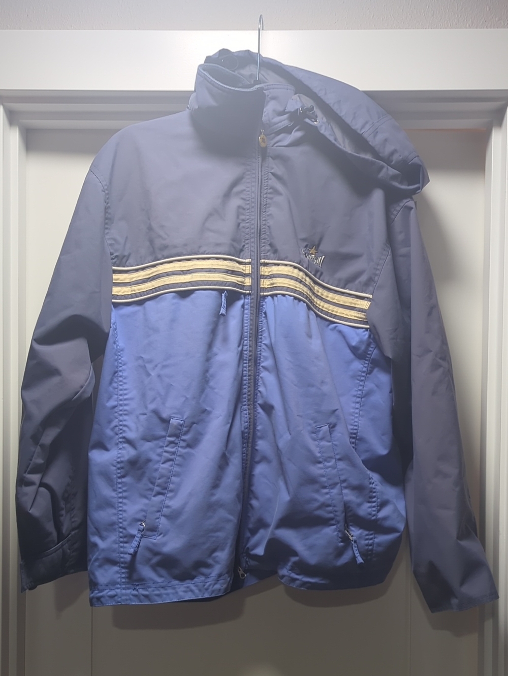 Bombshell Sportswear Navy and Royal Blue Hooded Ski Jacket with Cream Stripe